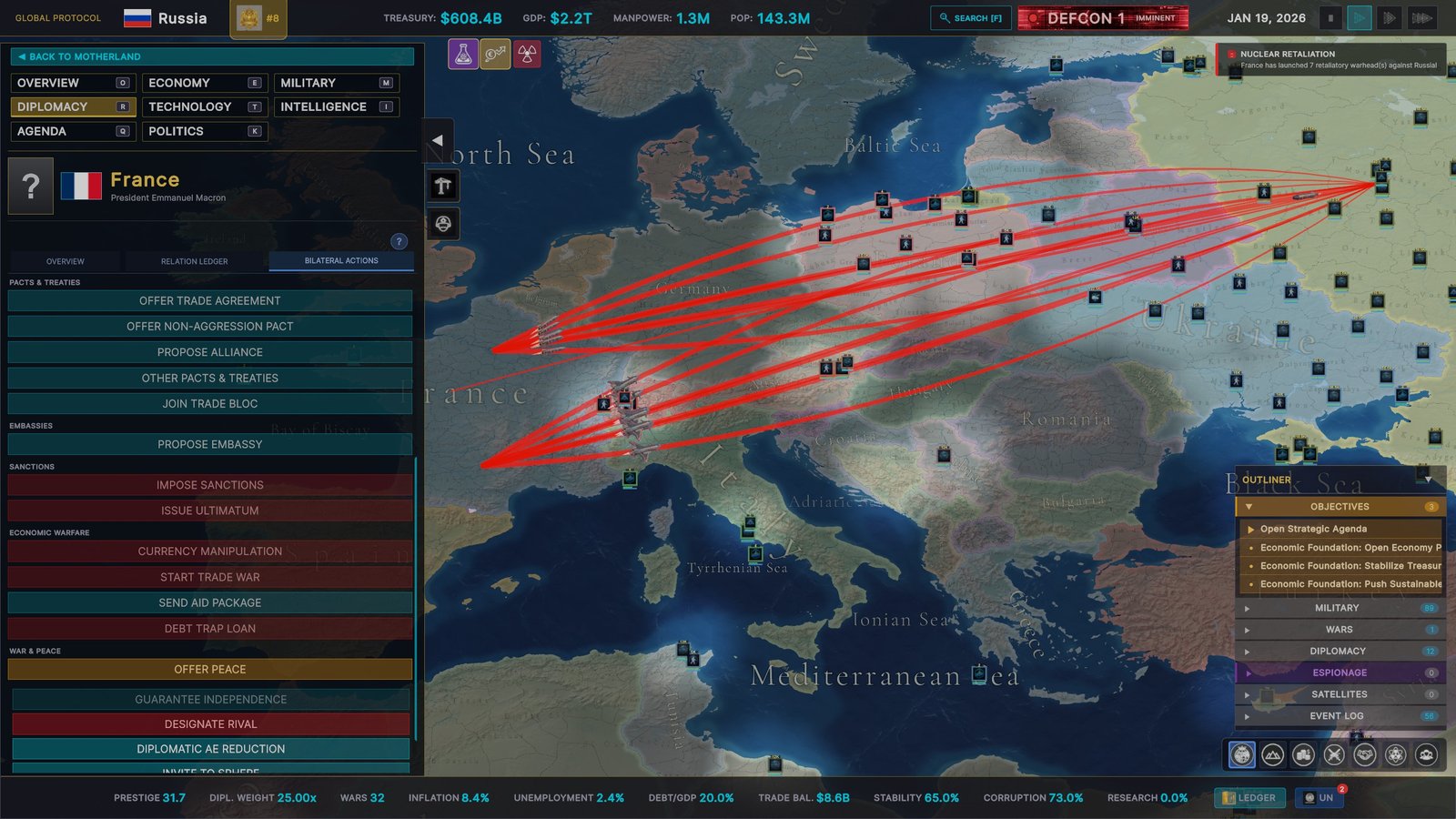 DEFCON 1: red missile trails between Russia and France, with a notification that France has launched seven retaliatory warheads against Russia