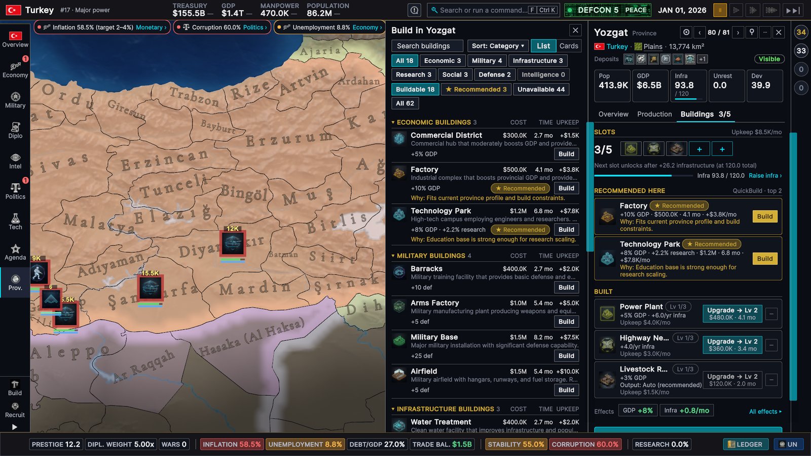 The build picker for Yozgat next to the province dock: economic, military and infrastructure buildings with cost, build time and upkeep, Factory and Technology Park marked Recommended with a reason, and the province's 3 of 5 building slots