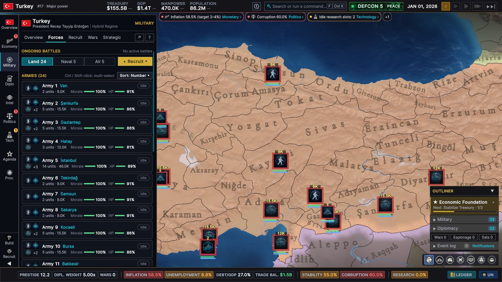 The Military Forces page: Land 24, Naval 5 and Air 5 tabs and a roster of armies, each with its location, number of units, manpower, morale and HP